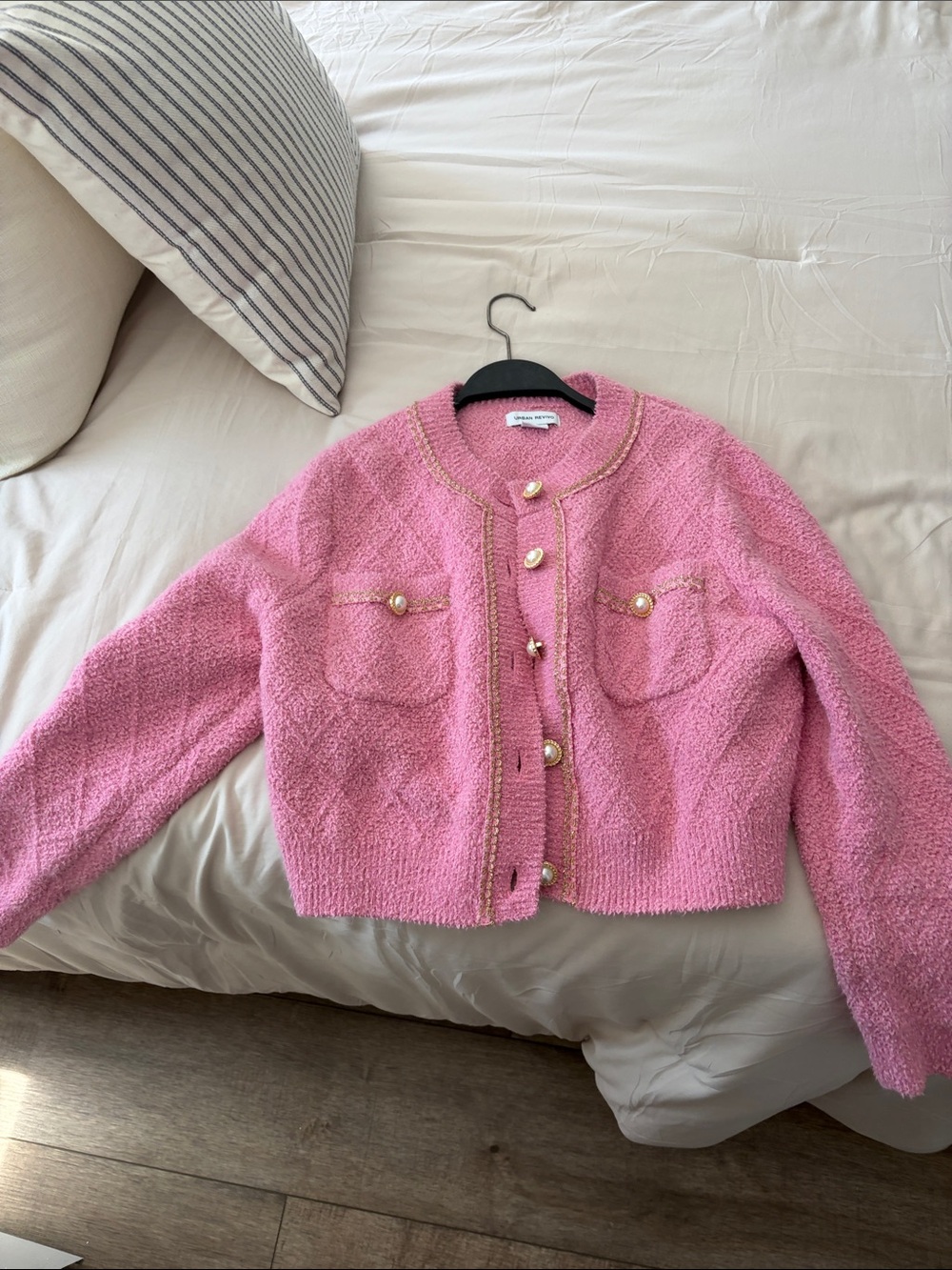 Cropped Pink Bouclé Button-Front Jacket with Gold Trim
